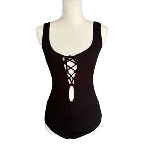 Reformation Ribbed Selena Tank Bodysuit Women's Size Large Black Lace Up Front